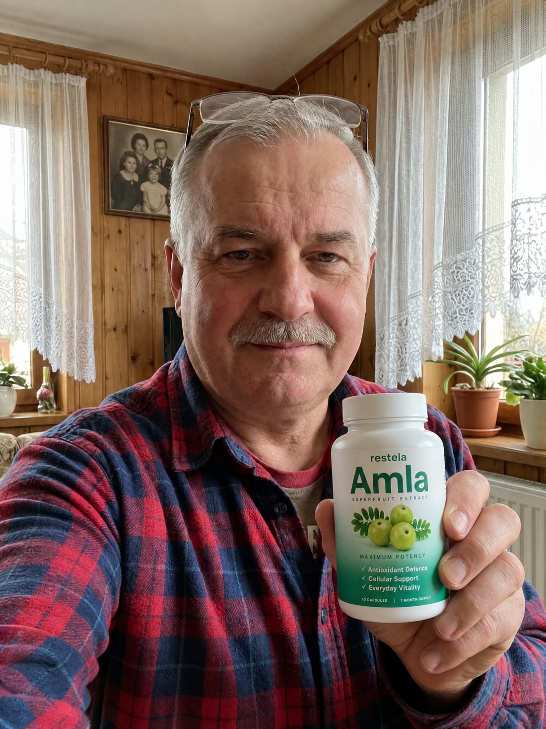 Verified Restela blood sugar customer holding the Pomegranate bottle