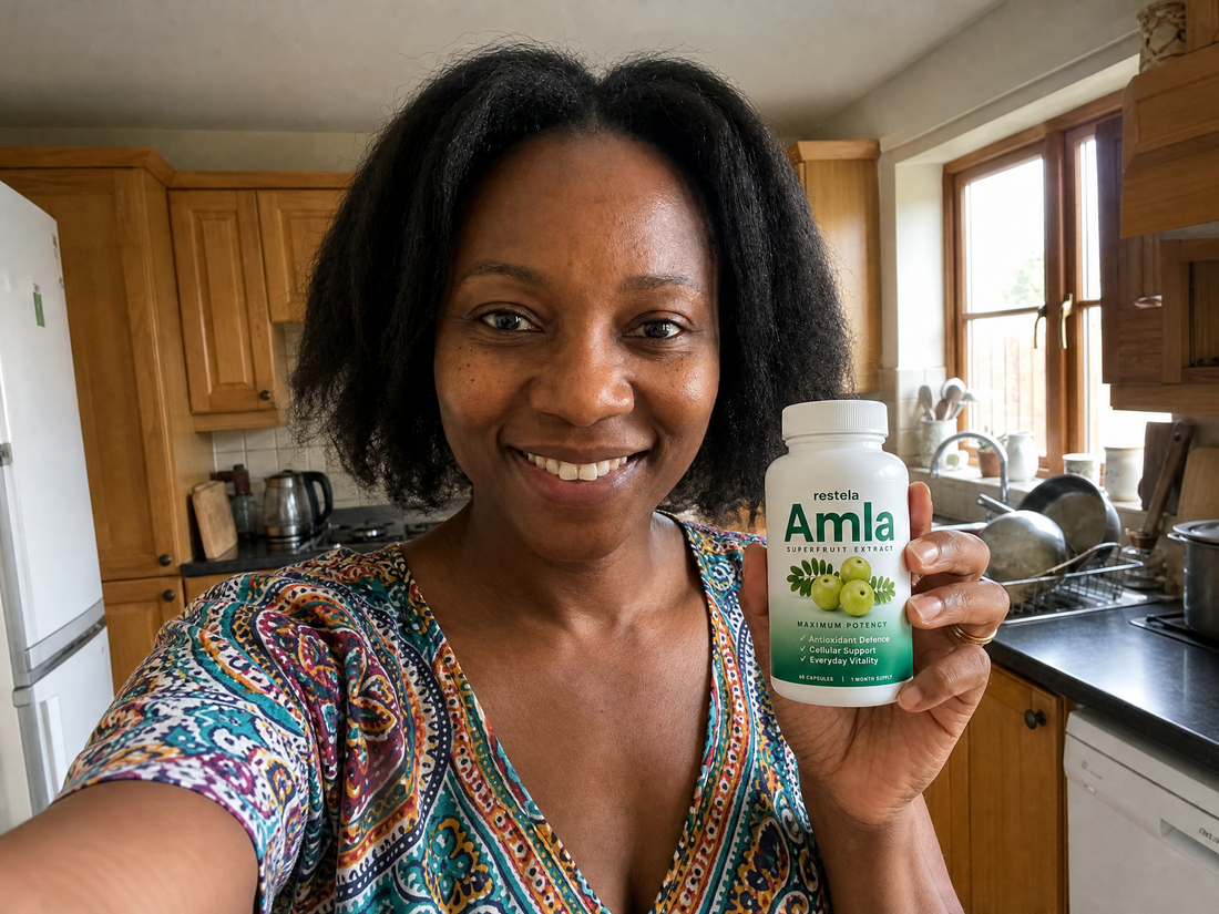 Restela blood sugar customer smiling next to the bottle